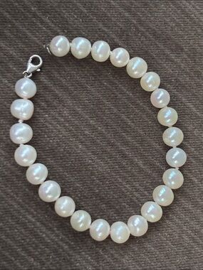 Sterling .925 Real White Pearl Vintage bracelet 8” Cultured Off-Round 7mm